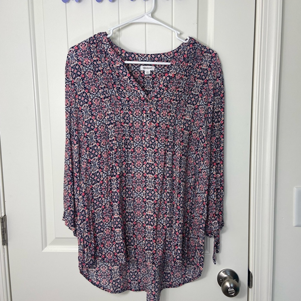 NWOT Westport women’s blue pink popover button neck tie sleeve floral blouse L
